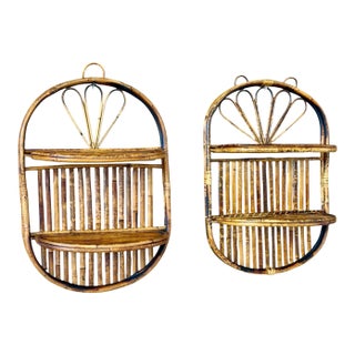 Vintage Boho Coastal Burnt Bamboo Two Tiered Sculptural Wall Shelves For Sale