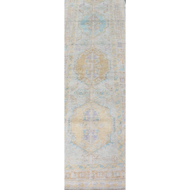 Turkish Oushak Runner in Soft Pastel Blue, Gold, and Lavender 2'8 X 13'0 For Sale - Image 4 of 13