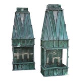 Pair of Monumental Art Deco Style Verdigris Copper & Brass Wall Lanterns For Sale