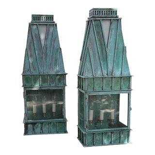 Pair of Monumental Art Deco Style Verdigris Copper & Brass Wall Lanterns For Sale