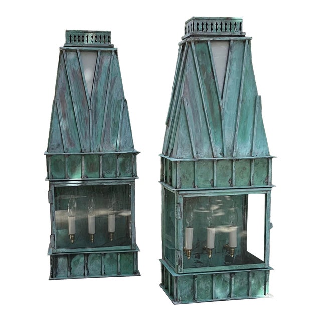 Pair of Monumental Art Deco Style Verdigris Copper & Brass Wall Lanterns For Sale