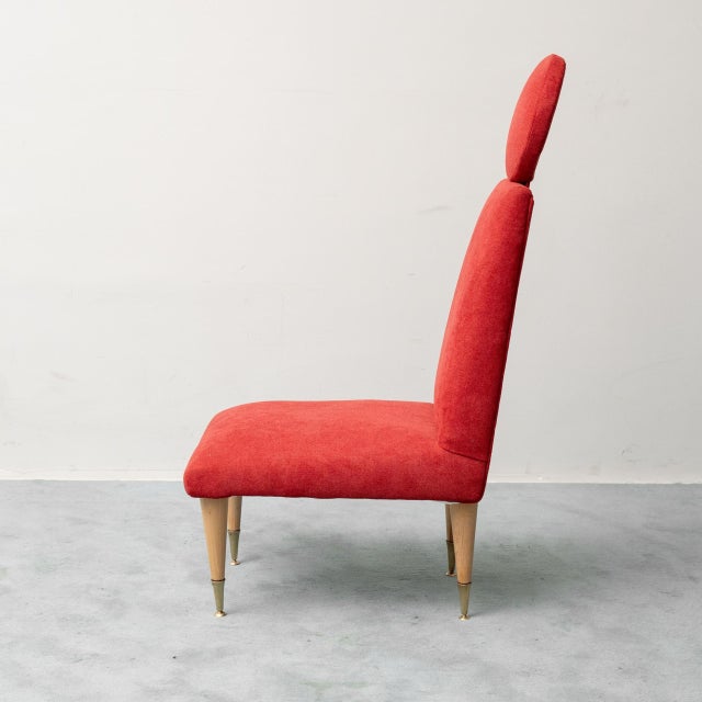 High-Back Chair in Red Fabric with Wooden and Brass Feet, 1960s For Sale - Image 3 of 10