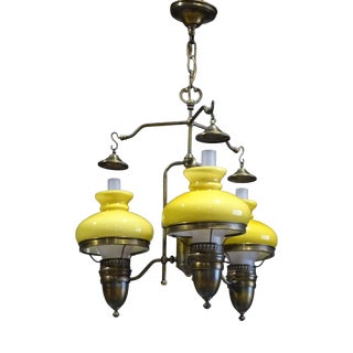 Large Vintage Three-Light Chandelier in Brass with Iron and Glass, 1970s For Sale