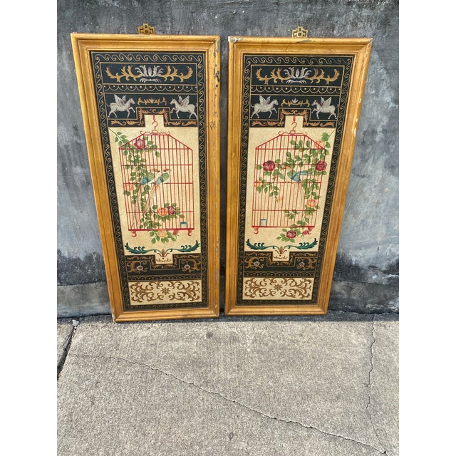 Style of neoclassical Vintage pair of Neoclassical (style) wall panels featuring opposing birds in their cages surrounded...