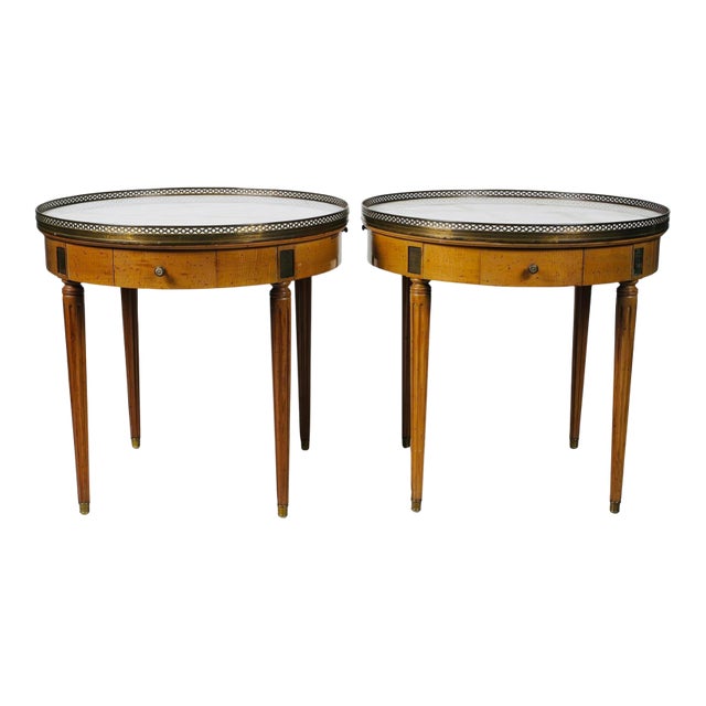 1940s Pair of Louis XVI Style Bouillotte Tables With Marble Tops & Brass Gallery – Two-Tier Drink Tables For Sale