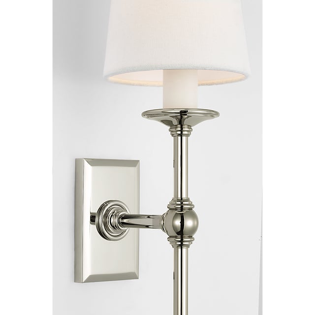 Visual Comfort Chapman & Myers for Visual Comfort Signature Classic 19" Tail Sconce in Polished Nickel with Linen Shades For Sale - Image 4 of 8