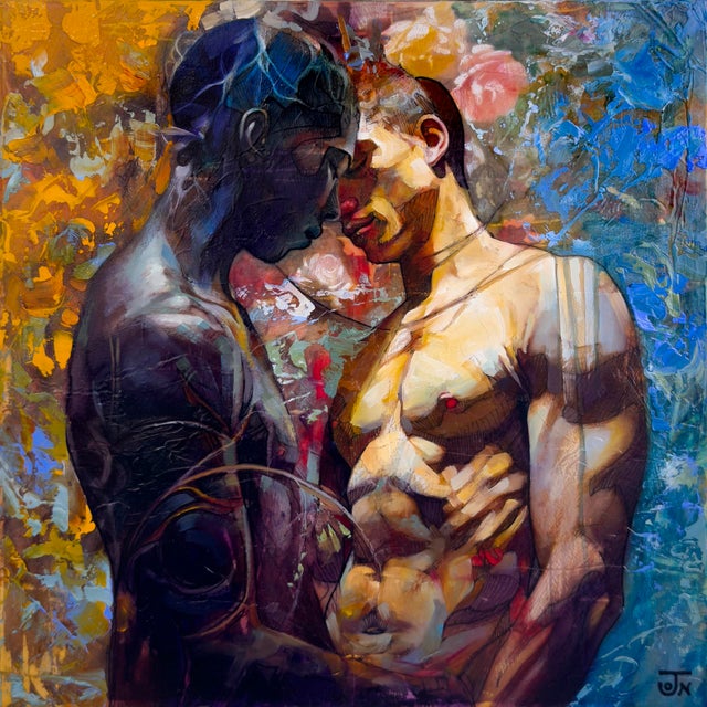 Heartstrings by Jon Wassom | Mixed Media on Panel depicting two figures embracing. For Sale