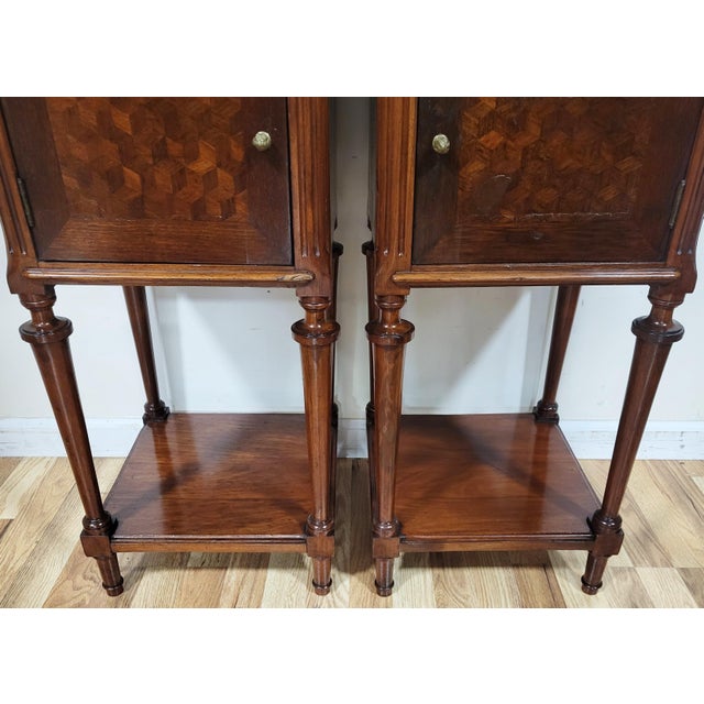 Brown Pair French Louis XVI Parquetry Inlaid Bronze & Marble Top Nightstands For Sale - Image 8 of 18
