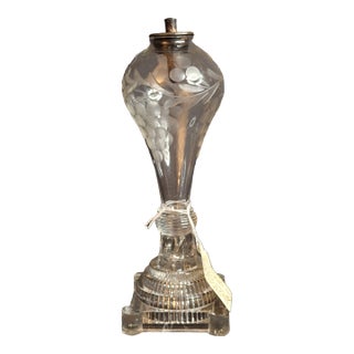 Rare Antique Boston & Sandwich Engraved Glass Whale Oil Lamp "Patent" Cork Burner c.1835 For Sale