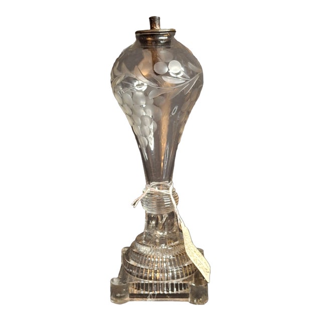 Rare Antique Boston & Sandwich Engraved Glass Whale Oil Lamp "Patent" Cork Burner c.1835 For Sale