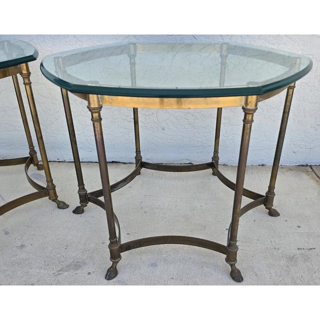Hollywood Regency Vintage La Barge Side Table Brass Glass Hoof Footed Octagonal Labarge For Sale - Image 3 of 12