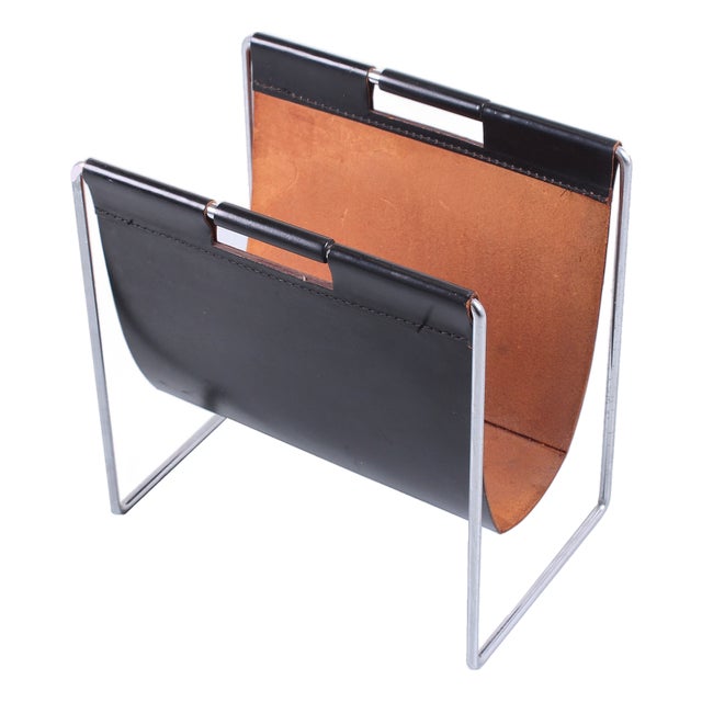 Chrome Steel and Black Leather Magazine Rack from Brabantia, 1960s For Sale