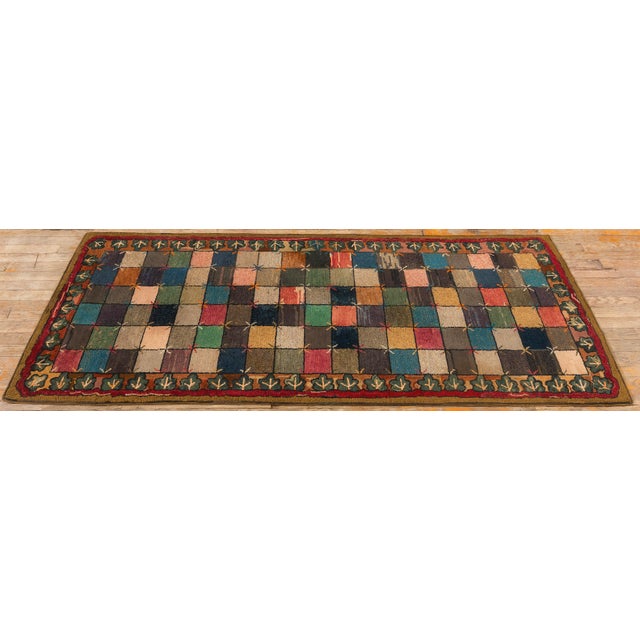 American 1880s Antique Multicolor Folk Art Checkerboard "X" Motif American Hooked Rug For Sale - Image 3 of 8