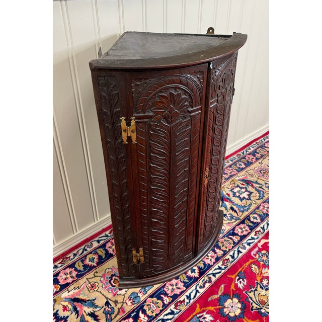 Antique English Corner Cabinet Carved Oak Hanging Wall Cabinet Storage 19c For Sale In Dallas - Image 6 of 18