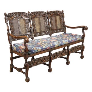 20th Century Jacobean Revival Style Carved Hardwood & Cane Three-Seat Settee For Sale
