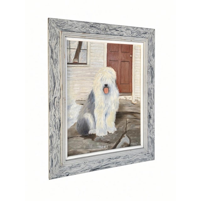 An original vintage oil on canvas board painting of a sheepdog seated in front of a white house with a red door. Titled...