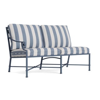 Brown Jordan Venetian Left Arm Loveseat in Sapphire with Sapphire Stripe Cushions For Sale