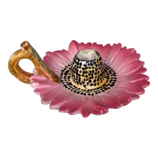 Majolica Pink Daisy Candelstick Delphin Massier Circa 1890 For Sale