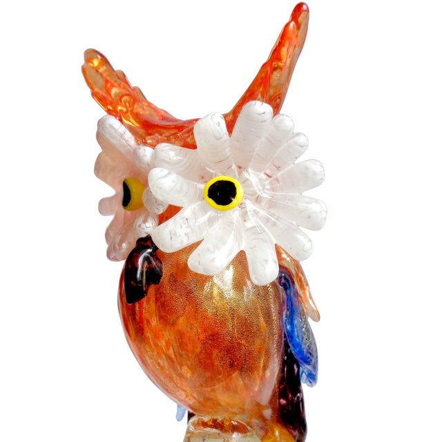 AVeM Murano Gold Flecks Applied Feather Italian Art Glass Owl Bird
