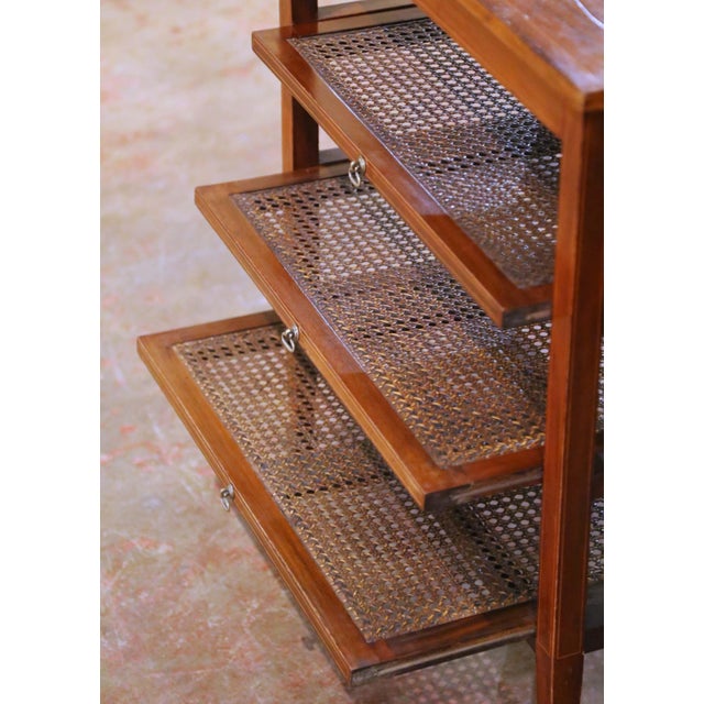 Late 19th Century 19th Century English Mahogany Inlaid Sliding Trays Side Table With Cane Shelves For Sale - Image 5 of 11