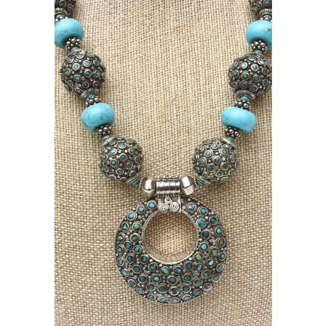 Turquoise Turquoise and Silver Blackened Metal Necklace With Circular Pendant and Toggle Bracelet Indian Style Set Of For Sale - Image 8 of 8