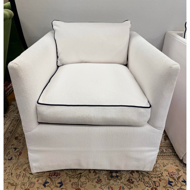 Coastal Pair of Serena & Lily White Slipcovered Swivel Club Chairs For Sale - Image 3 of 10