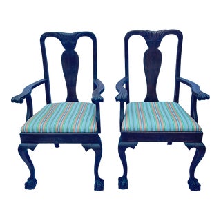 A Pair of Vintage Henkel Harris Chippendale Style Ball-And-Claw Mahogany Armchairs With Striped Upholstery For Sale