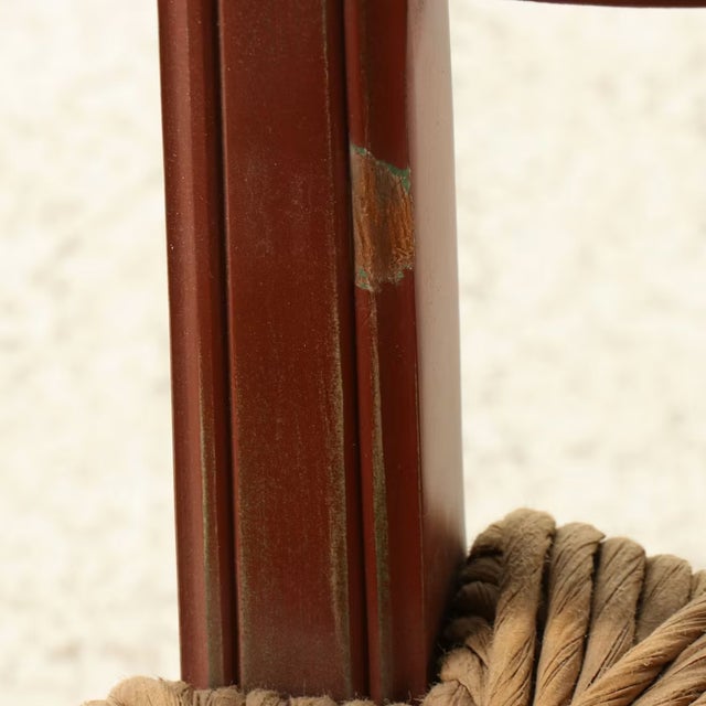Wood Vintage French Provincial Distressed Terracotta Red Wingback Chair With Gingham Cushions For Sale - Image 7 of 12