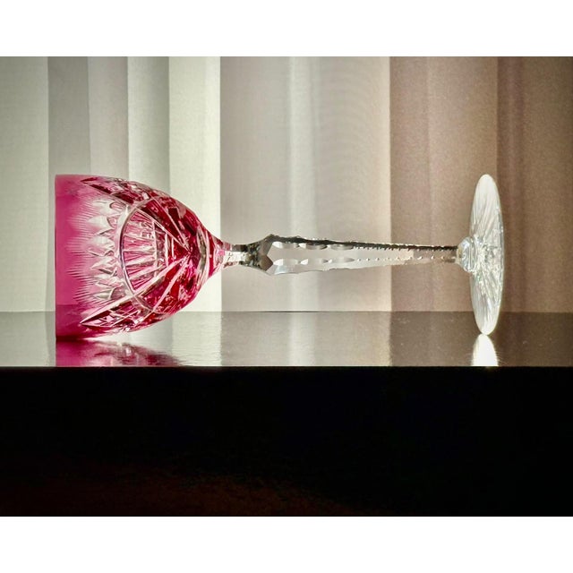 Glass Ruby Cut Crystal Hock Glasses with Peacock and Starburst Cutting, 1950, Set of 6 For Sale - Image 7 of 18