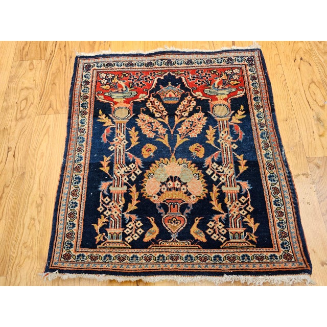 1900 - 1909 Vintage Persian Kashan Pictorial Rug, Hand-Knotted Wool, Floral Vase Pattern, Navy & Red, 2x2 For Sale - Image 5 of 15
