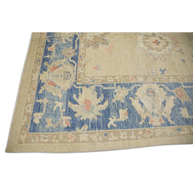 Modern Early 21st Century Tan & Blue Handwoven Turkish Oushak Rug 11'8" X 14'9" For Sale - Image 3 of 7