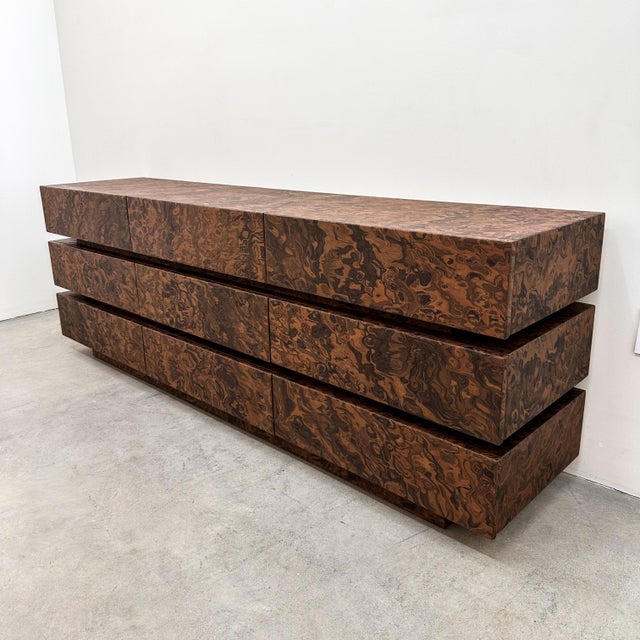 Wood Vintage Mid-Century Modern Stacked Burlwood Veneer Dresser For Sale - Image 7 of 10