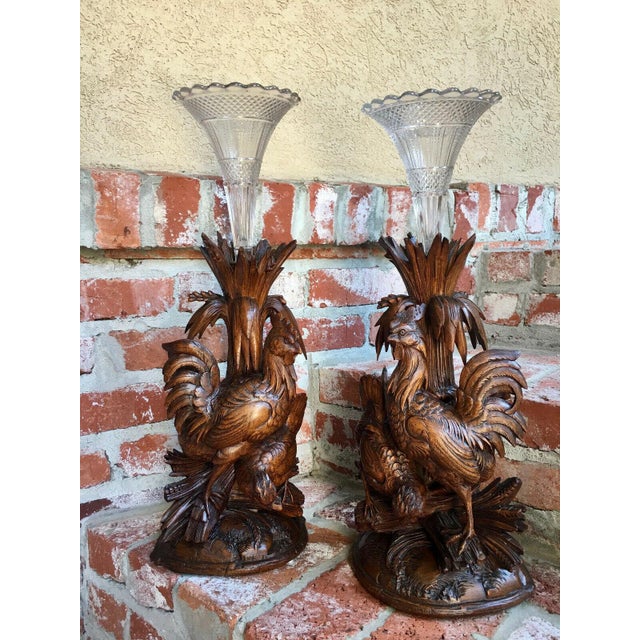 Pair 19th Century Antique Black Forest Bird Chicken Epergne Vases Carved Wood Candlestick For Sale - Image 13 of 13