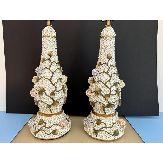 Gorgeous pair of 1950s Japanese porcelain vase lamps covered in applied pastel snowball or "Schneeballen" flower blossoms...