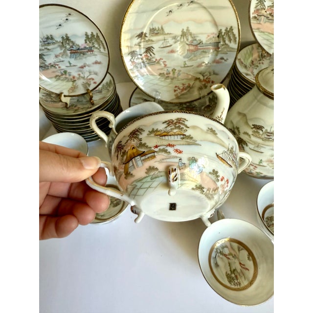 1970s Japanese Hand-Painted Eggshell Porcelain Landscape Luncheon Tea Set - 36 Pieces For Sale - Image 11 of 17