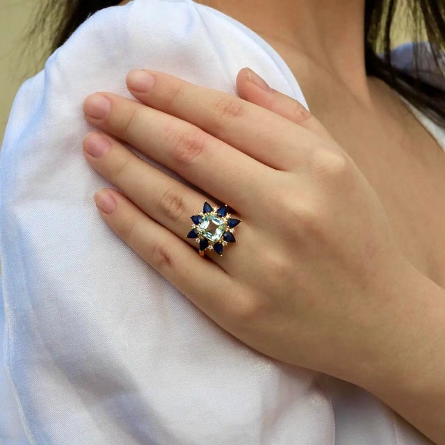 Not Yet Made - Made To Order Nina Zhou Margeret Aquamarine Sapphire Diamond Cocktail Ring in 14k Yellow Gold, size 6.5 For Sale - Image 5 of 9