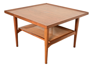Kipp Stewart for Drexel Declaration Mid-Century Modern Walnut and Cane Two-Tier Coffee Table, 1961