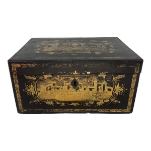 19th Century Chinese Export Lacquer Decorated Tea Caddy Box