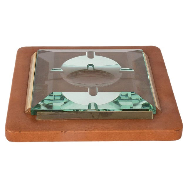Italian Brass and Faceted Glass Leather Ashtray from Fontana Arte, 1970s For Sale