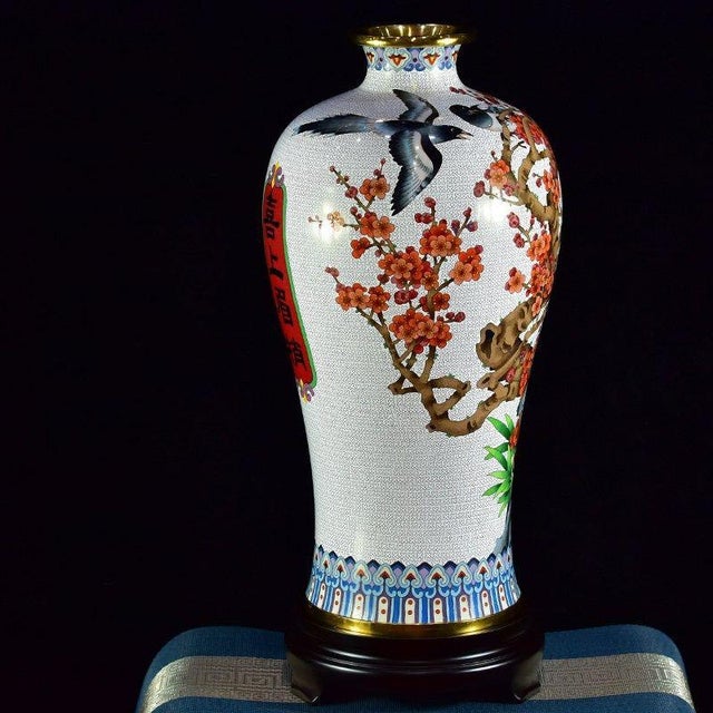 This is a striking large vintage cloisonné enamel vase, crafted in the classic meiping form, a traditional shape...