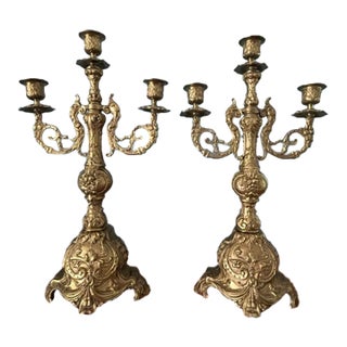Antique French Rococo Style Solid Brass 3-Light Candelabras - A Pair For Sale
