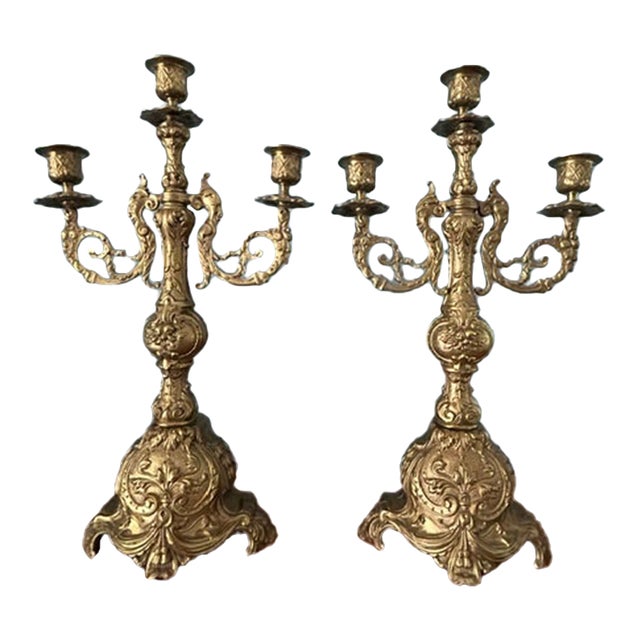 Antique French Rococo Style Solid Brass 3-Light Candelabras - A Pair For Sale