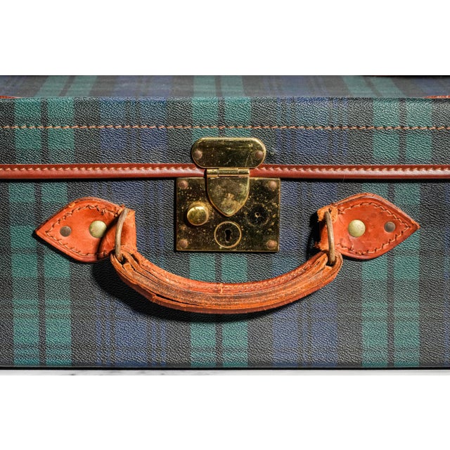 English Heritage Style Vintage Tartan Leather Suitcase Luggage Home Decor Prop Storage For Sale - Image 3 of 18