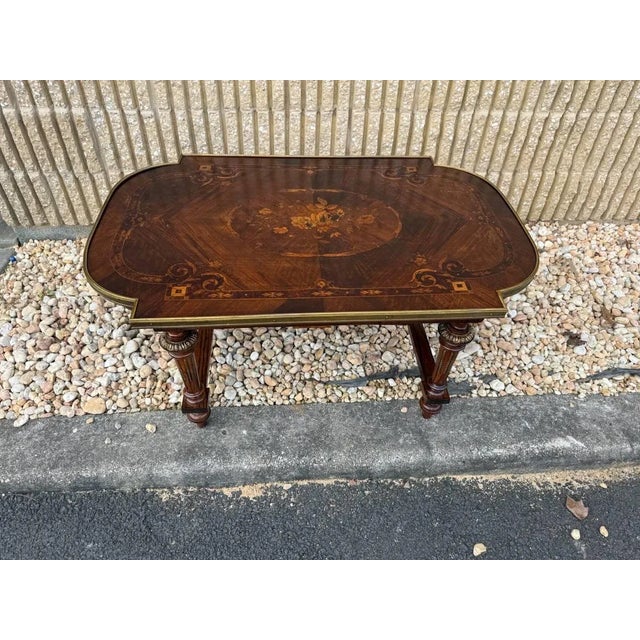 French Antique French Napoleon III-style Marquestry Inlaid Coffee Table For Sale - Image 3 of 18