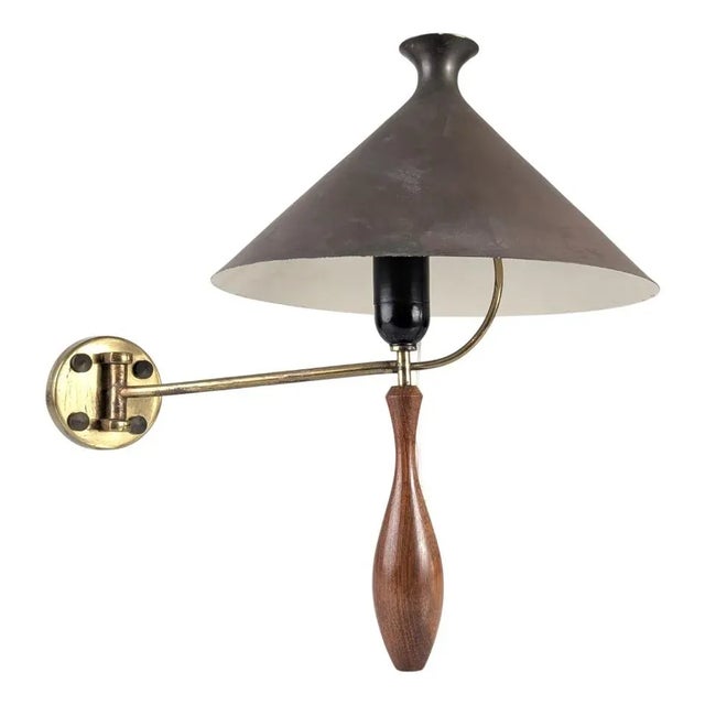 Brass and Wood Wall Sconce with Black Shade, 1950s For Sale - Image 11 of 11