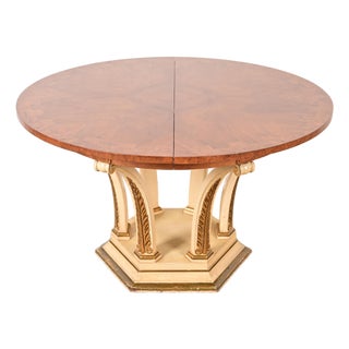 Mastercraft Italian Neoclassical Walnut and Burl Wood Parcel Gilt Pedestal Extension Dining Table For Sale