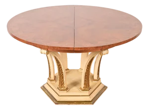Mastercraft Italian Neoclassical Walnut and Burl Wood Parcel Gilt Pedestal Extension Dining Table