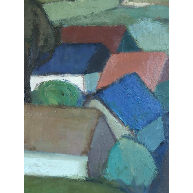 1963 Mid-Century Modern 'Houses by the Rolling Hills' Vintage Swedish Expressive Landscape Oil Painting, Framed For Sale - Image 9 of 12