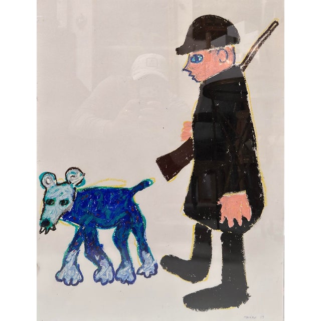 Original Makan Negahban Hunter & Dog Painting on Paper in Lucite Frame