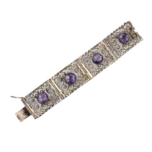 Silver Bracelet with Amethysts, Cabochon Cut. For Sale - Image 5 of 8
